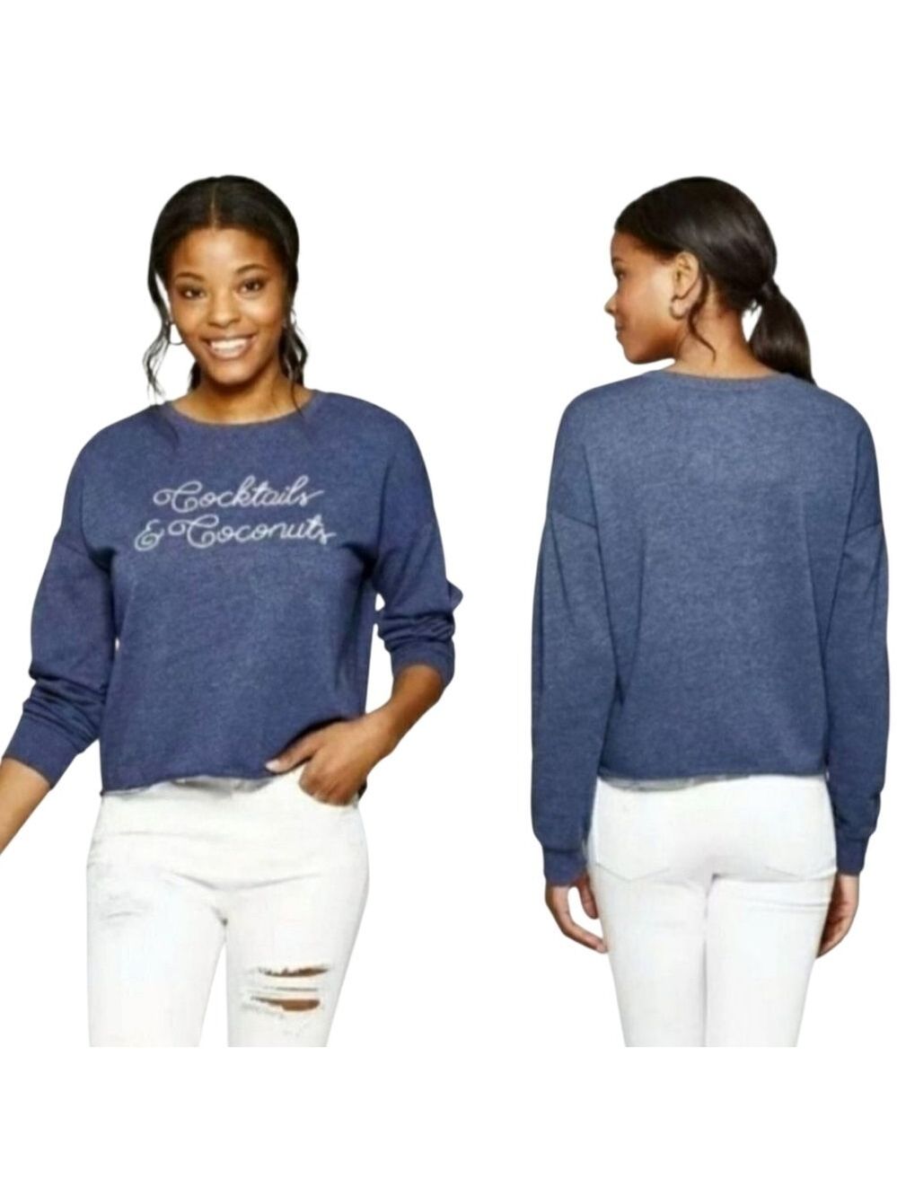 ZOE + Liv Blue Pullover Raw Hem Cocktails & Coconuts Cropped Sweatshirt Size XL